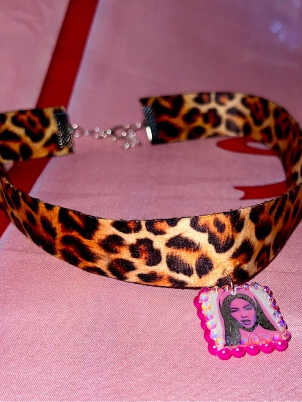 Leopard Print Choker Necklace with Pink Pendant